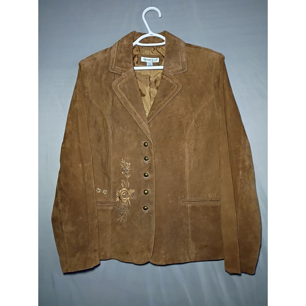 Coldwater Creek Leather Suede Jacket L Brown Cowboy  Southwestern Floral 80s